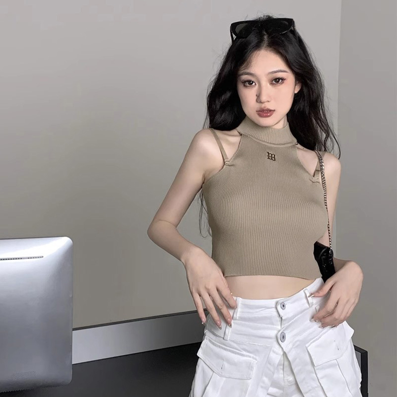 Áo Croptop Dệt Kim Hai Dây Dáng Ôm Thêu Họa Tiết Phong Cách Hàn Quốc Quyến Rũ Cho Nữ