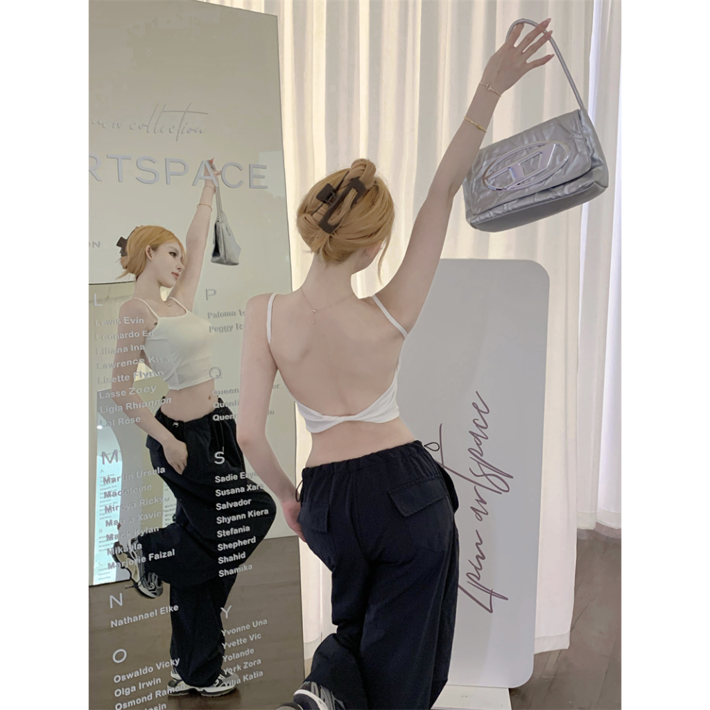 QADCOL Áo Tank Top Hở Lưng Có Đệm Ngực Dáng Ngắn Ôm Sát Màu Xanh Dương Quyến Rũ Thời Trang Mùa Hè Cho Nữ