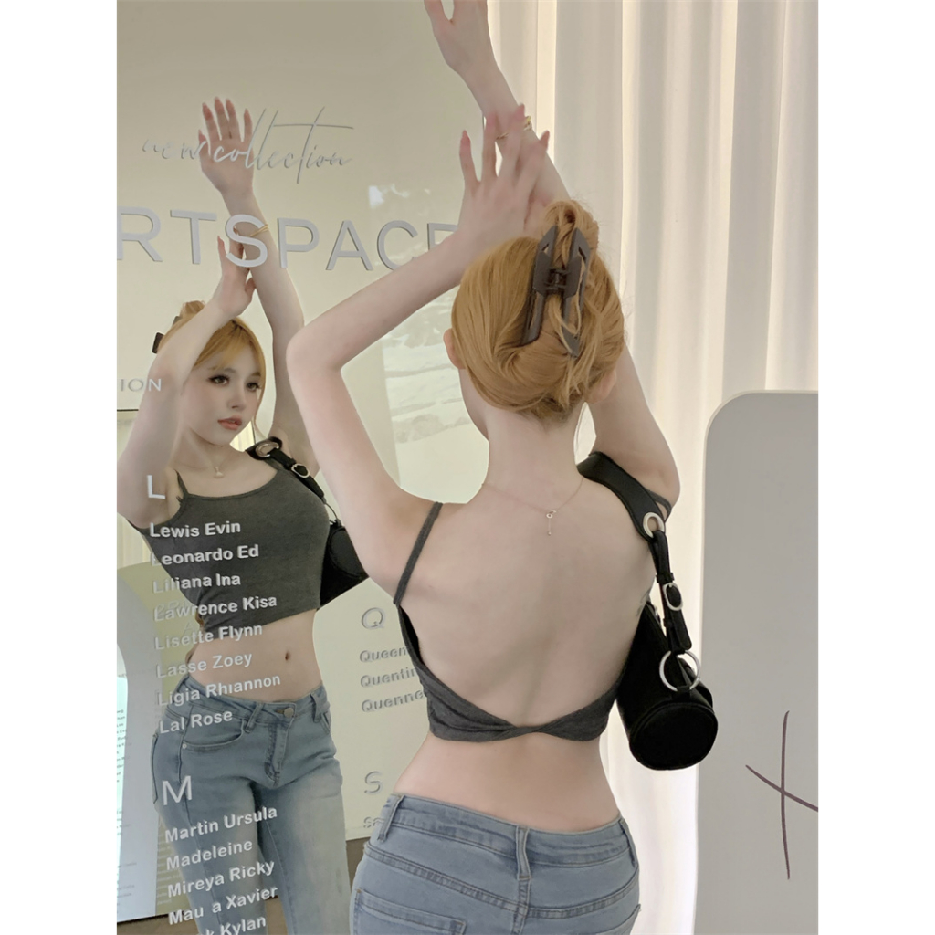 QADCOL Áo Tank Top Hở Lưng Có Đệm Ngực Dáng Ngắn Ôm Sát Màu Xanh Dương Quyến Rũ Thời Trang Mùa Hè Cho Nữ