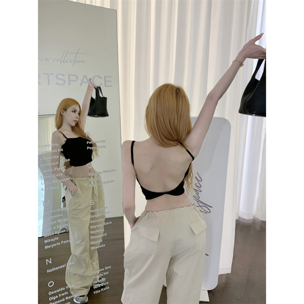 QADCOL Áo Tank Top Hở Lưng Có Đệm Ngực Dáng Ngắn Ôm Sát Màu Xanh Dương Quyến Rũ Thời Trang Mùa Hè Cho Nữ