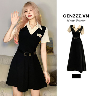 Đầm ngắn tay dáng chữ A ôm eo, phong cách preppy, váy cổ polo Hàn Quốc, trẻ trung, năng động thời trang xuân hè dành cho nữ