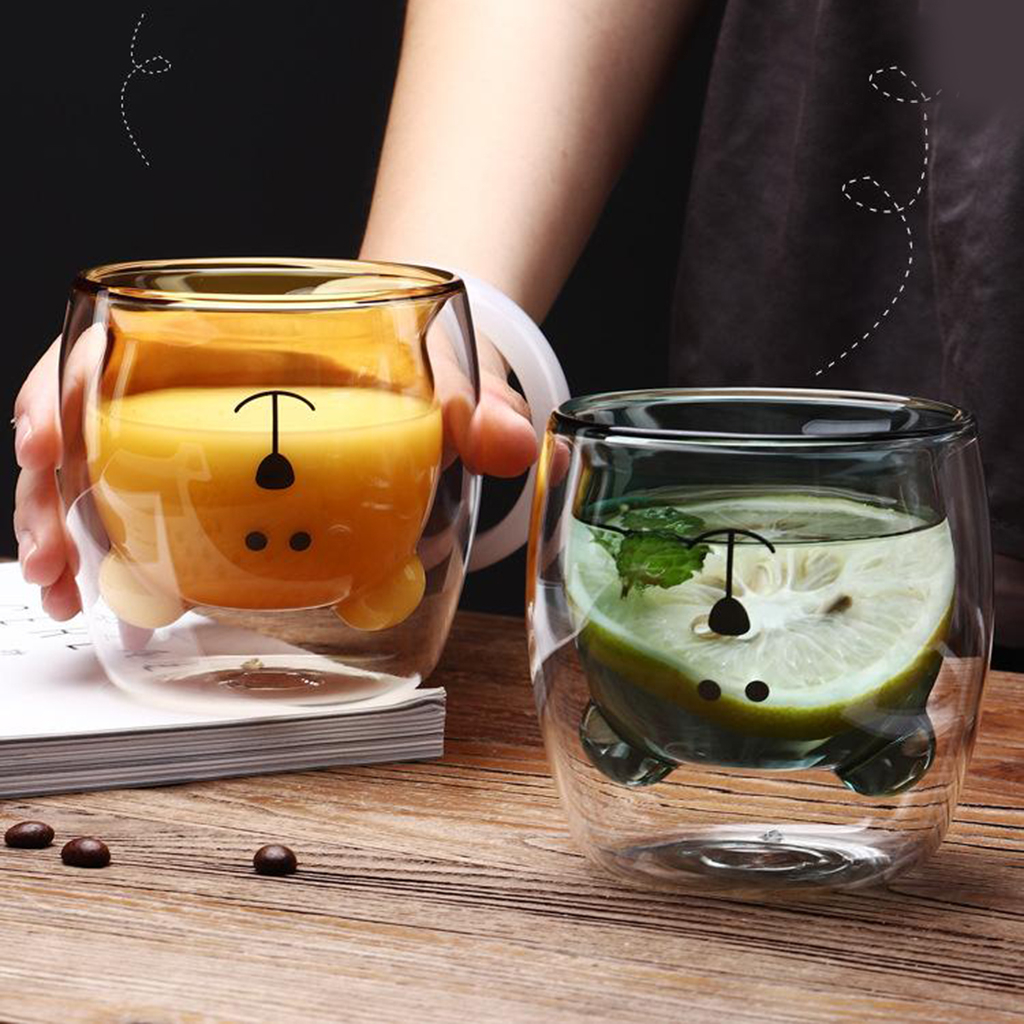 Shamjina Cốc uống nước/ cà phê bằng thủy tinh borosilicate hai lớp 250ml hình gấu mèo móng vuốt