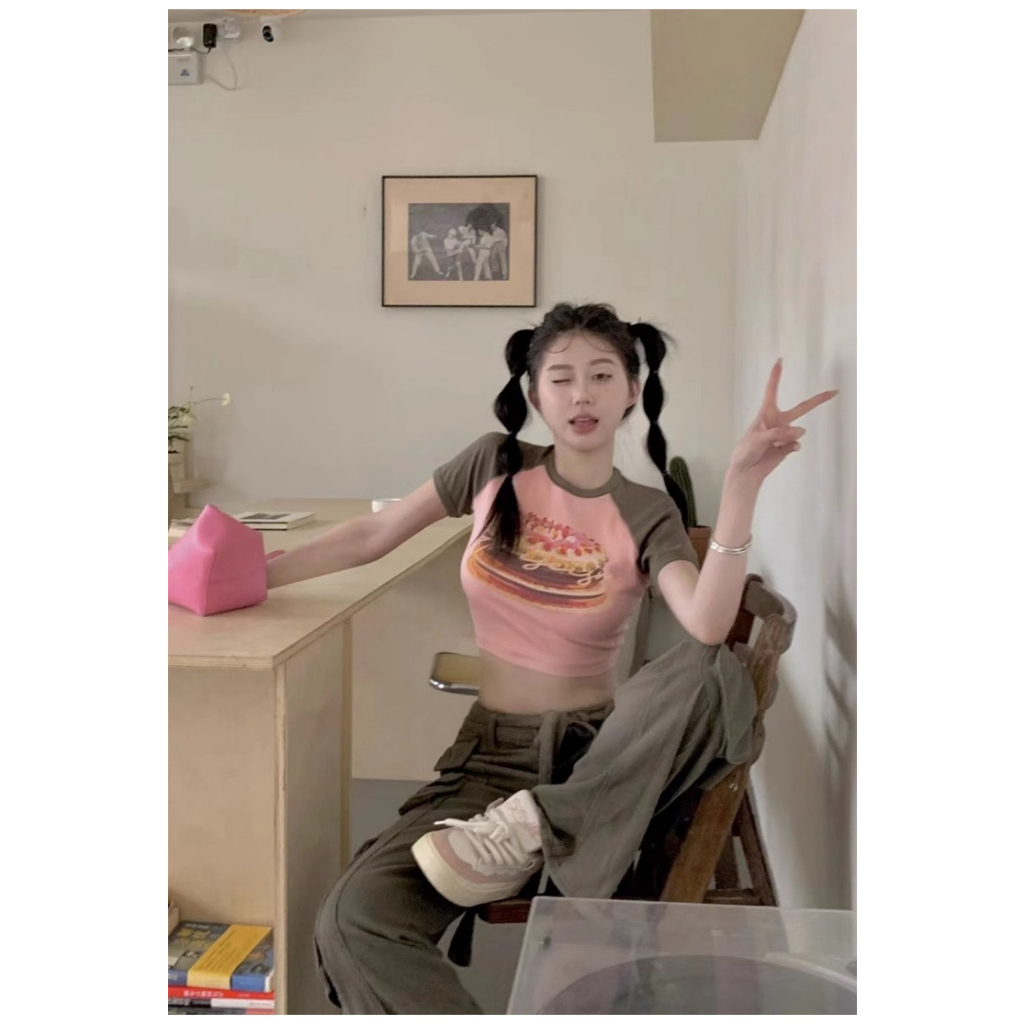 Áo Thun Tay Ngắn In Hình Bánh Donut Màu Sắc Tương Phản Phong Cách Retro Mỹ Cho Nữ