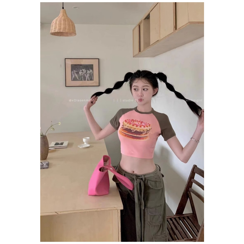 Áo Thun Tay Ngắn In Hình Bánh Donut Màu Sắc Tương Phản Phong Cách Retro Mỹ Cho Nữ