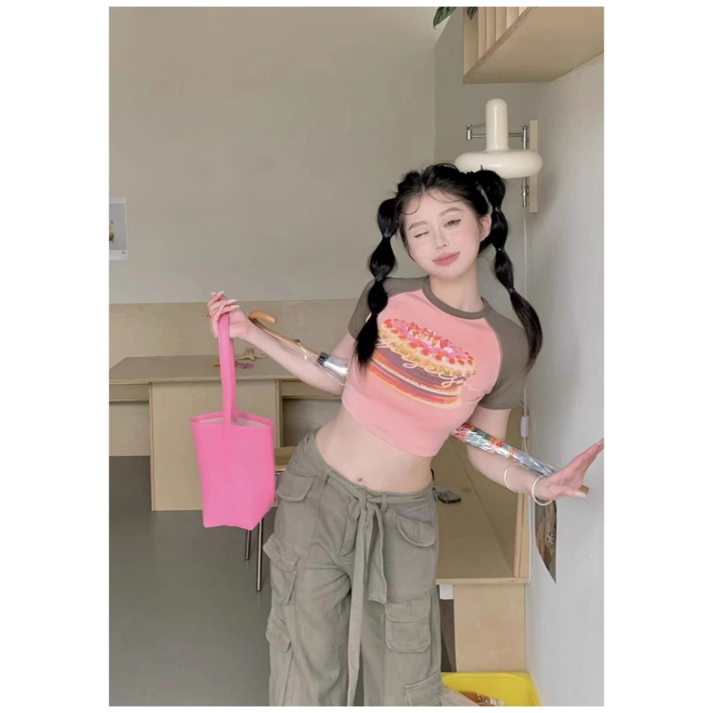 Áo Thun Tay Ngắn In Hình Bánh Donut Màu Sắc Tương Phản Phong Cách Retro Mỹ Cho Nữ