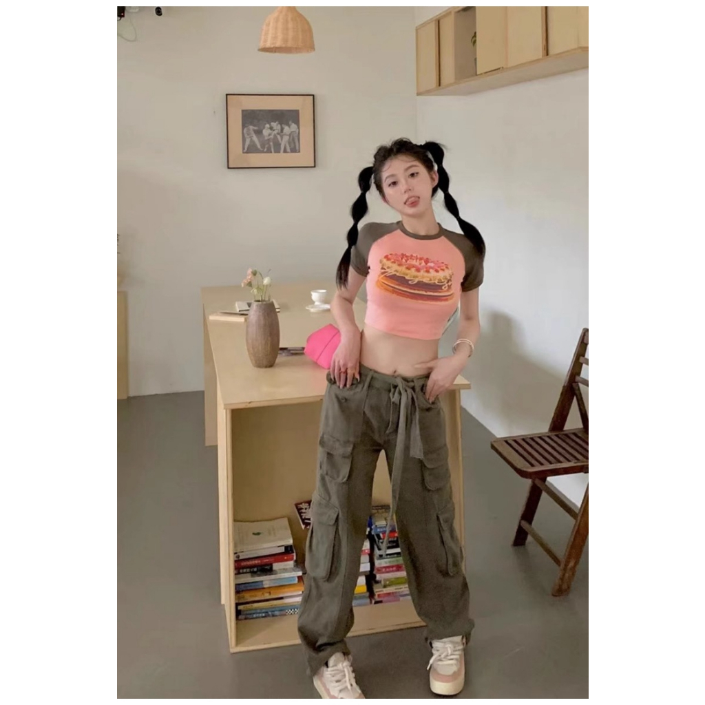 Áo Thun Tay Ngắn In Hình Bánh Donut Màu Sắc Tương Phản Phong Cách Retro Mỹ Cho Nữ