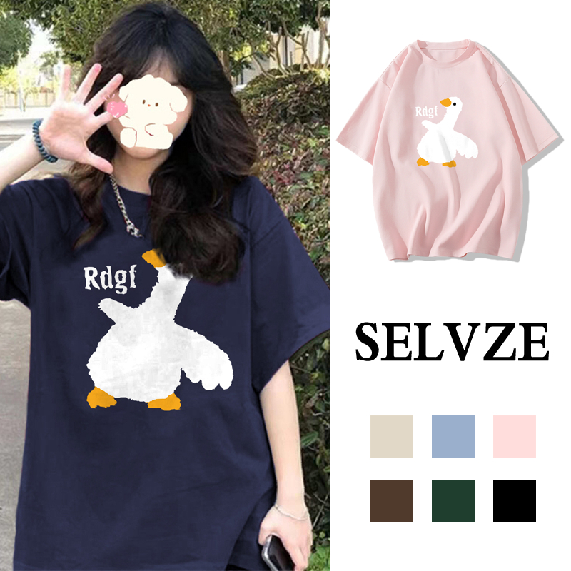 SELVZE Áo Thun cotton Nguyên Chất Dáng Rộng Tay Cộc In Họa Tiết Hoạt Hình Thời Trang Thoải Mái