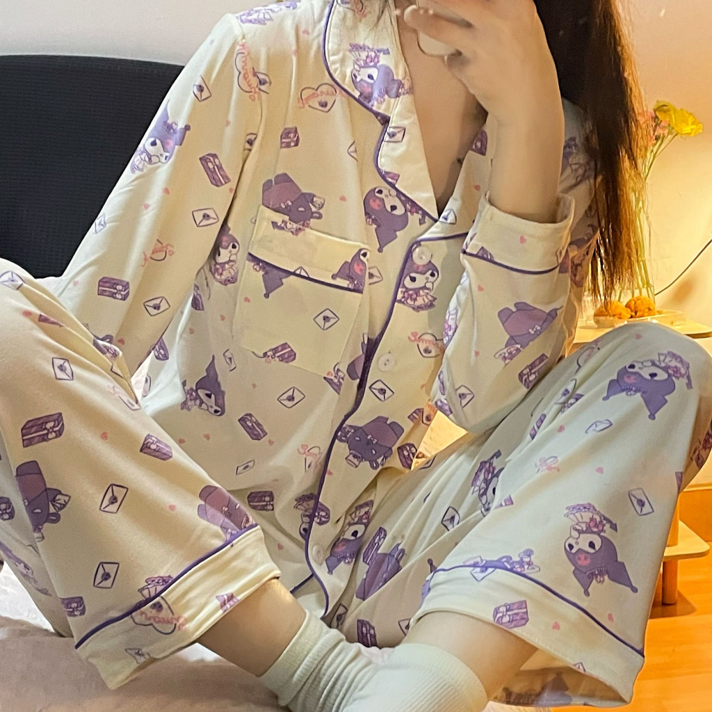 Bộ Đồ Ngủ Tay Dài In Họa Tiết Hoạt Hình Dễ Thương Dành Cho Nữ