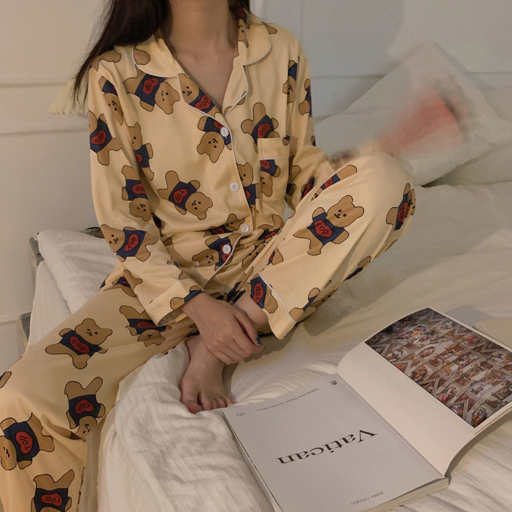 Bộ Đồ Ngủ Tay Dài In Họa Tiết Hoạt Hình Dễ Thương Dành Cho Nữ