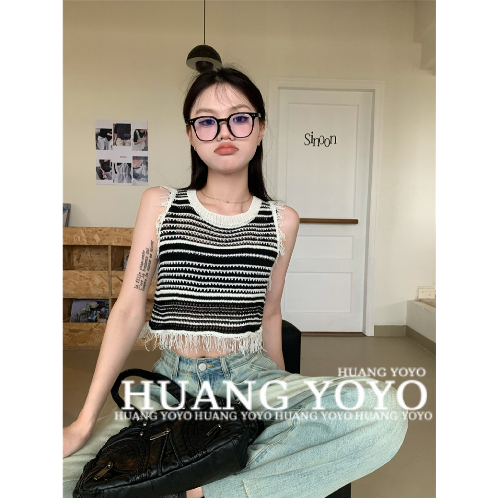 Mới Áo Croptop Dệt Kim Kẻ Sọc Kiểu Vintage Thời Trang Mùa Hè Cho Bạn Gái