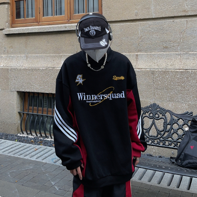 Áo Sweater Tay Dài Dáng Rộng In Họa Tiết Màu Tương Phản Phong Cách Đường Phố Mỹ Thời Trang Cho Nam