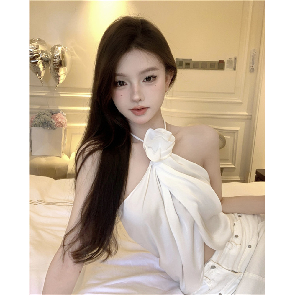 QADCOL Áo Hai Dây Hở Lưng Họa Tiết Hoa 3D Màu Trắng Thời Trang Mùa Hè Cho Nữ