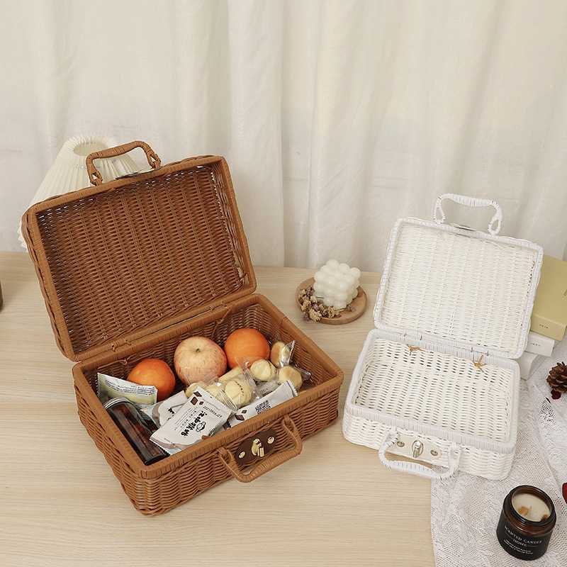 Hàng HOT Yuanqi góc ins retro vali mây hộ gia đình hoàn thiện hộp hộp lưu trữ cắm trại ngoài trời đan giỏ dã ngoại