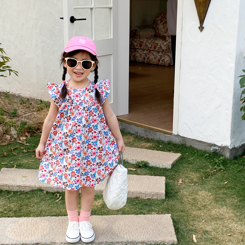 Đầm Công Chúa Cổ Tròn Tay Bay In Hoa Phong Cách Hàn Quốc Thời Trang Mùa Hè Dành Cho Bé Gái