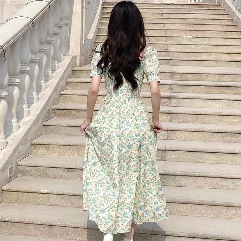 Xiaozhainv Đầm Tay Phồng Cổ Vuông In Họa Tiết Hoa Thời Trang Mùa Hè Xinh Xắn Cho Nữ