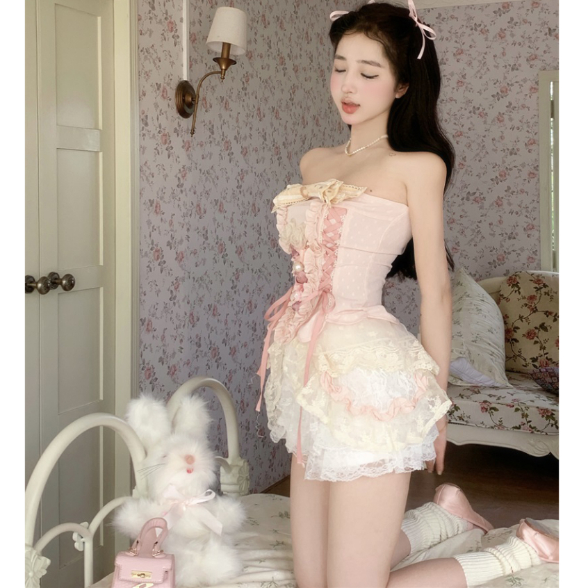 Set Áo Cúp Ngực + Chân Váy Lưới Phong Cách Ngọt Ngào