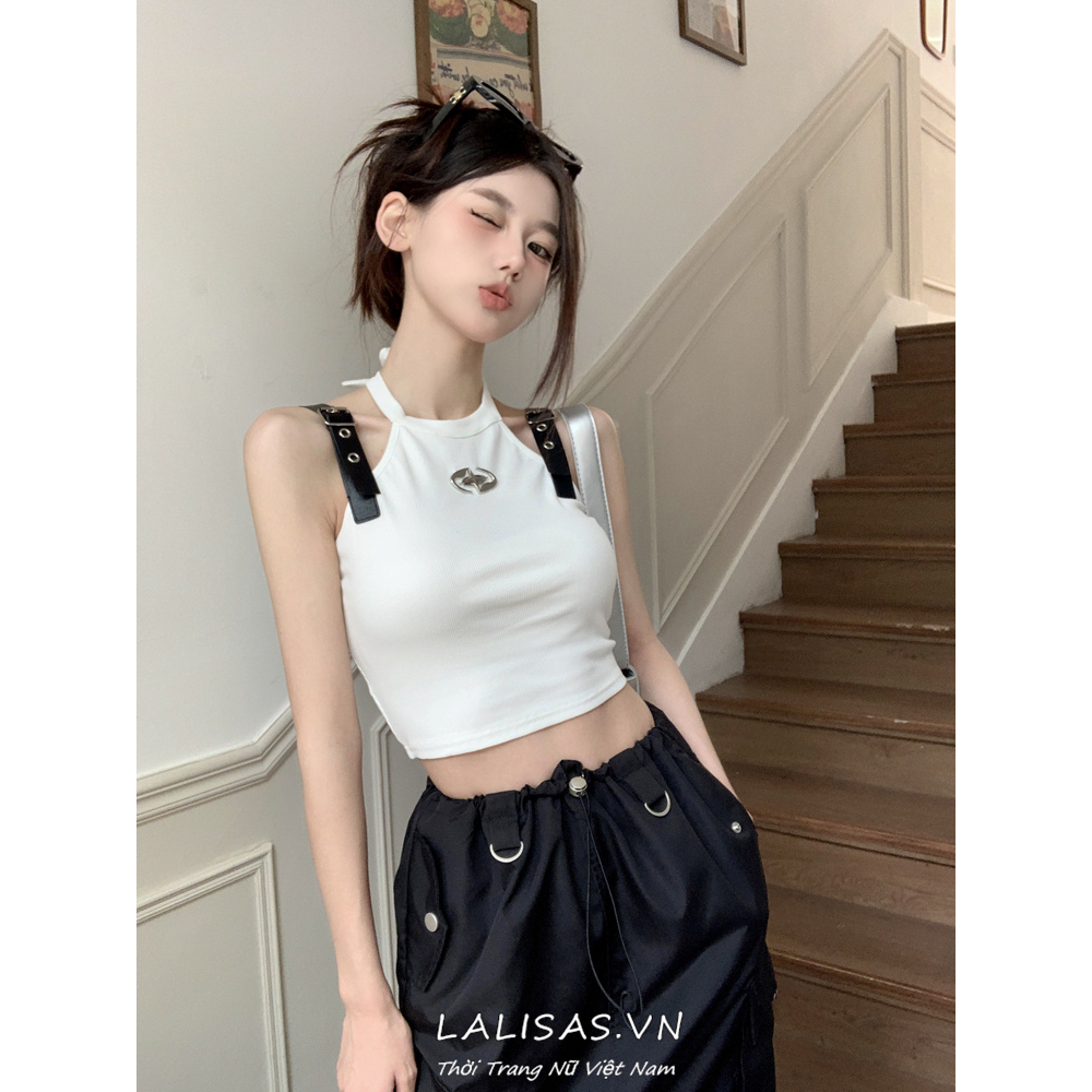 Lalisas Áo Croptop Da Ôm Dáng Phối Khóa Cài Thiết Kế Hình Gia Vị Ngọt Ngào Quyến Rũ Cho Nữ