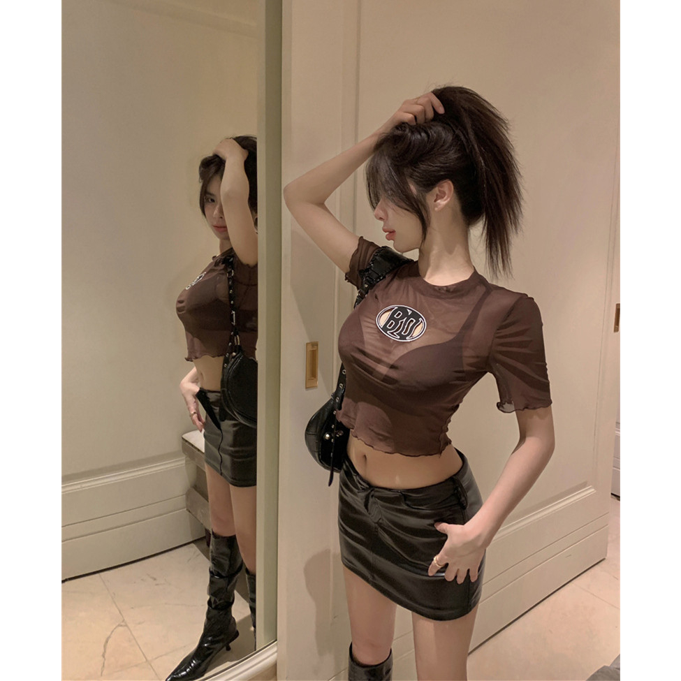 Lalisas Áo Thun Lưới Tay Ngắn Dáng Ôm Thêu Họa Tiết Cô Gái Gia Vị Cổ Điển Chống Nắng Cho Nữ