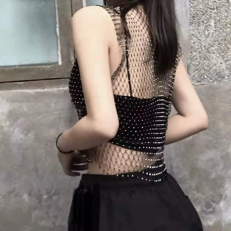 Áo Lưới Không Tay Cổ Tròn / Cổ Chữ V Đính Đá Lấp Lánh CY03 Cho Nữ