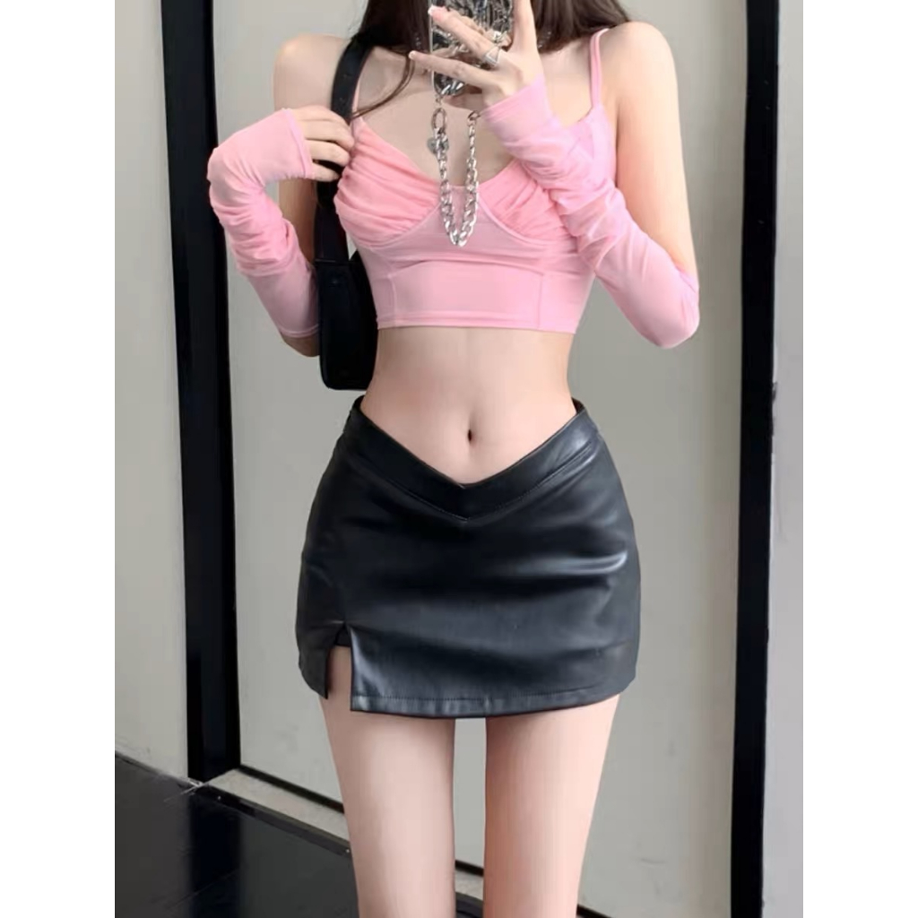 Bộ Áo Tank Top + Chân Váy Da PU Lưng Thấp + Áo Sát Nách Thời Trang Dành Cho Nữ