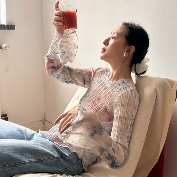 Áo Sơ Mi Chiffon Dài Tay Xếp Ly Thiết Kế In Màu Nhuộm Phong Cách Retro Mùa Hè Nhẹ Nhàng Hàng Mới Dành Cho Bạn Nữ