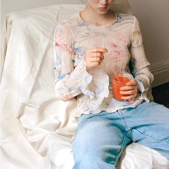 Áo Sơ Mi Chiffon Dài Tay Xếp Ly Thiết Kế In Màu Nhuộm Phong Cách Retro Mùa Hè Nhẹ Nhàng Hàng Mới Dành Cho Bạn Nữ