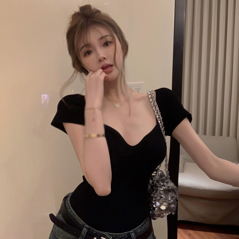 Áo Dệt Kim Tay Ngắn Cổ Vuông Màu Sắc Đơn Giản Thời Trang Mùa Hè Phong Cách Hàn Quốc Cho Nữ