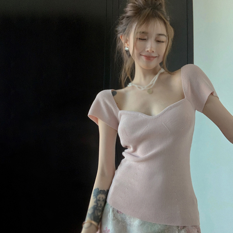 Áo Dệt Kim Tay Ngắn Cổ Vuông Màu Sắc Đơn Giản Thời Trang Mùa Hè Phong Cách Hàn Quốc Cho Nữ