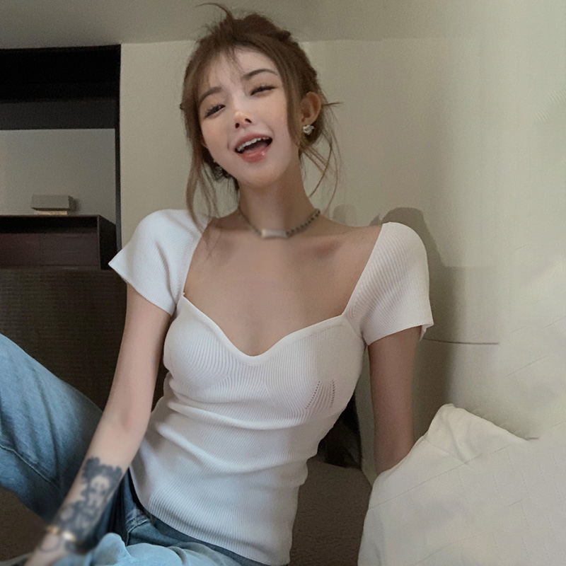 Áo Dệt Kim Tay Ngắn Cổ Vuông Màu Sắc Đơn Giản Thời Trang Mùa Hè Phong Cách Hàn Quốc Cho Nữ