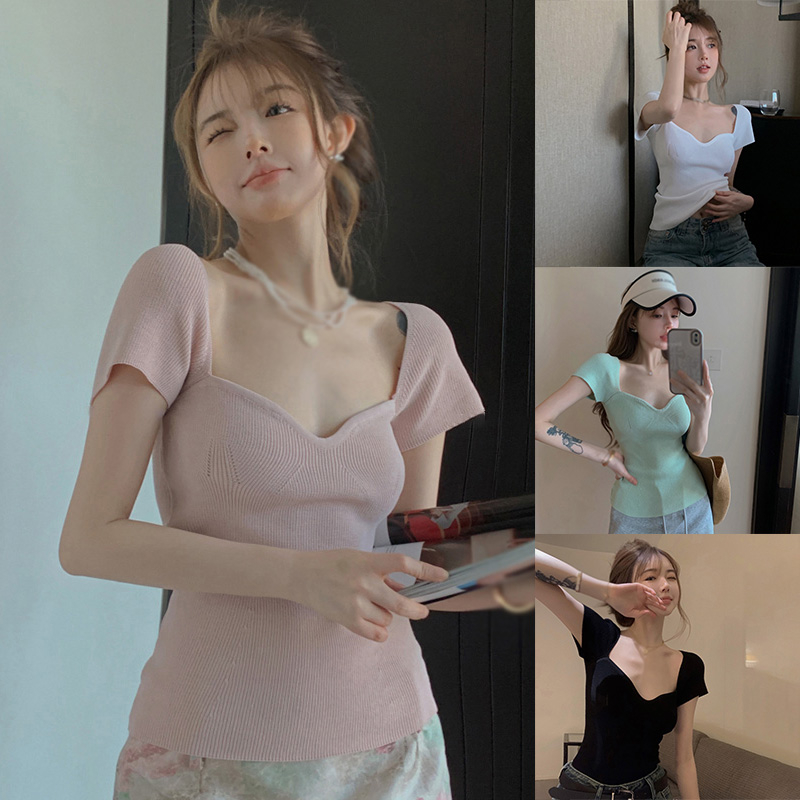 Áo Dệt Kim Tay Ngắn Cổ Vuông Màu Sắc Đơn Giản Thời Trang Mùa Hè Phong Cách Hàn Quốc Cho Nữ