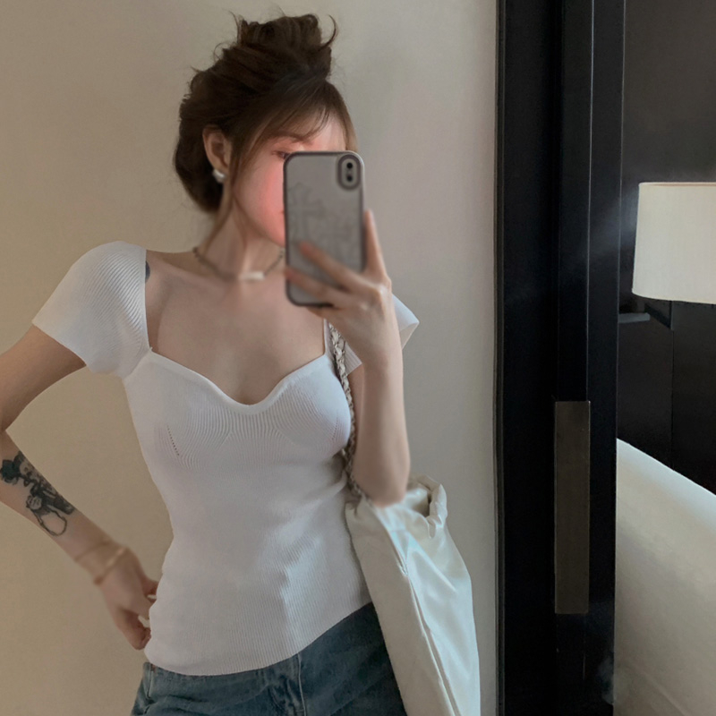 Áo Dệt Kim Tay Ngắn Cổ Vuông Màu Sắc Đơn Giản Thời Trang Mùa Hè Phong Cách Hàn Quốc Cho Nữ