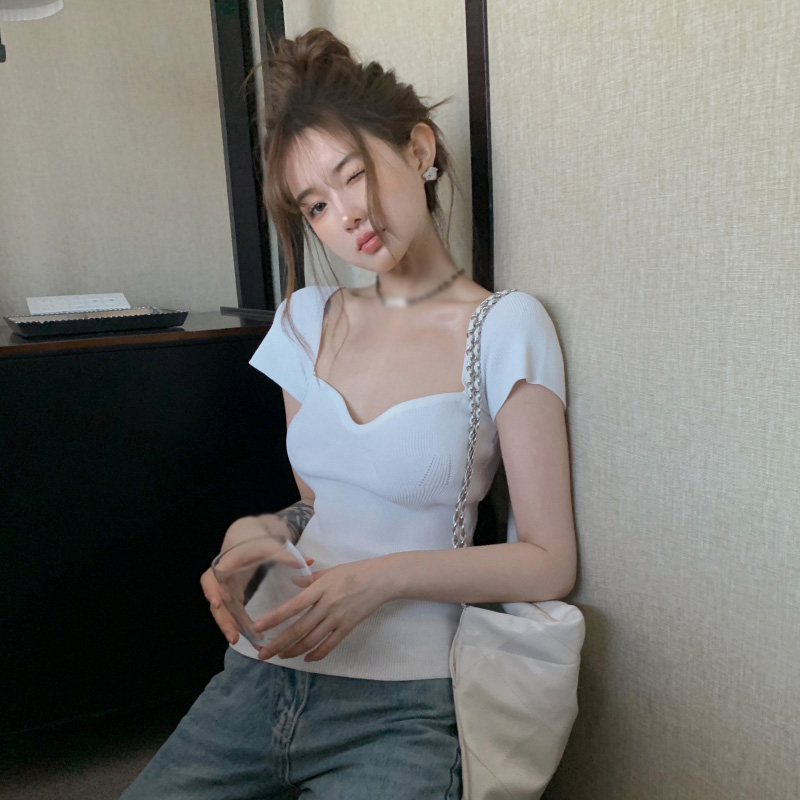 Áo Dệt Kim Tay Ngắn Cổ Vuông Màu Sắc Đơn Giản Thời Trang Mùa Hè Phong Cách Hàn Quốc Cho Nữ