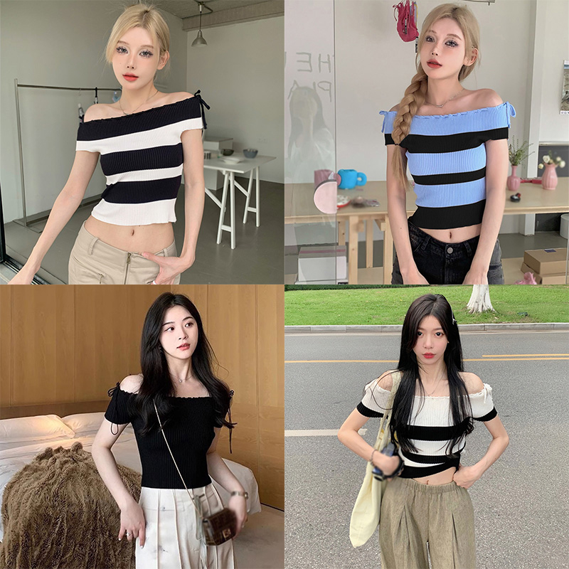 Áo Croptop Dệt Kim Tay Ngắn Hở Vai Họa Tiết Kẻ Sọc Thời Trang Hàn Quốc Cho Nữ