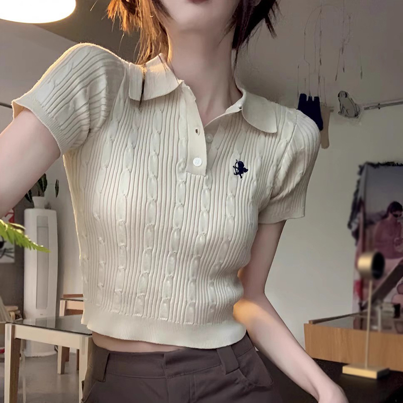 Áo Croptop Dệt Kim Tay Ngắn Thiết Kế Cổ Bẻ Thanh Lịch