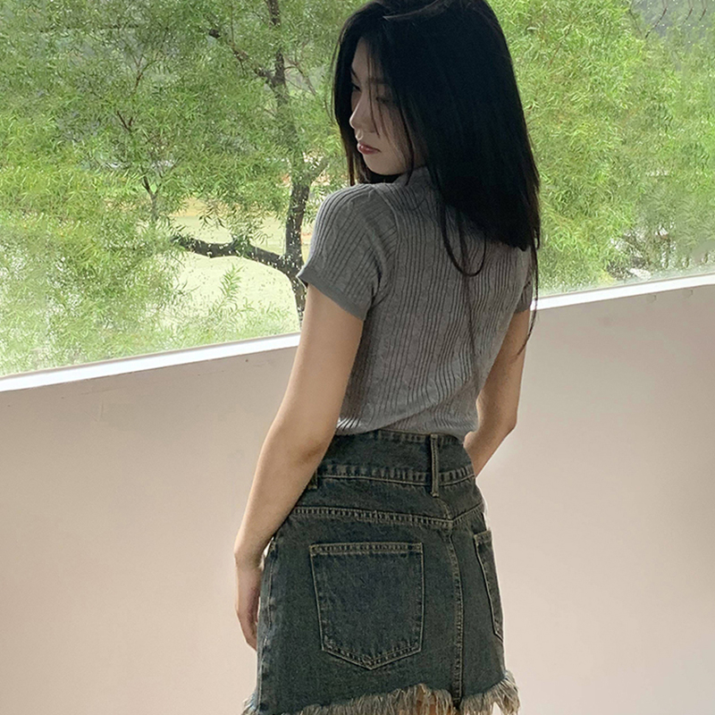 Áo Croptop Dệt Kim Tay Ngắn Thiết Kế Cổ Bẻ Thanh Lịch