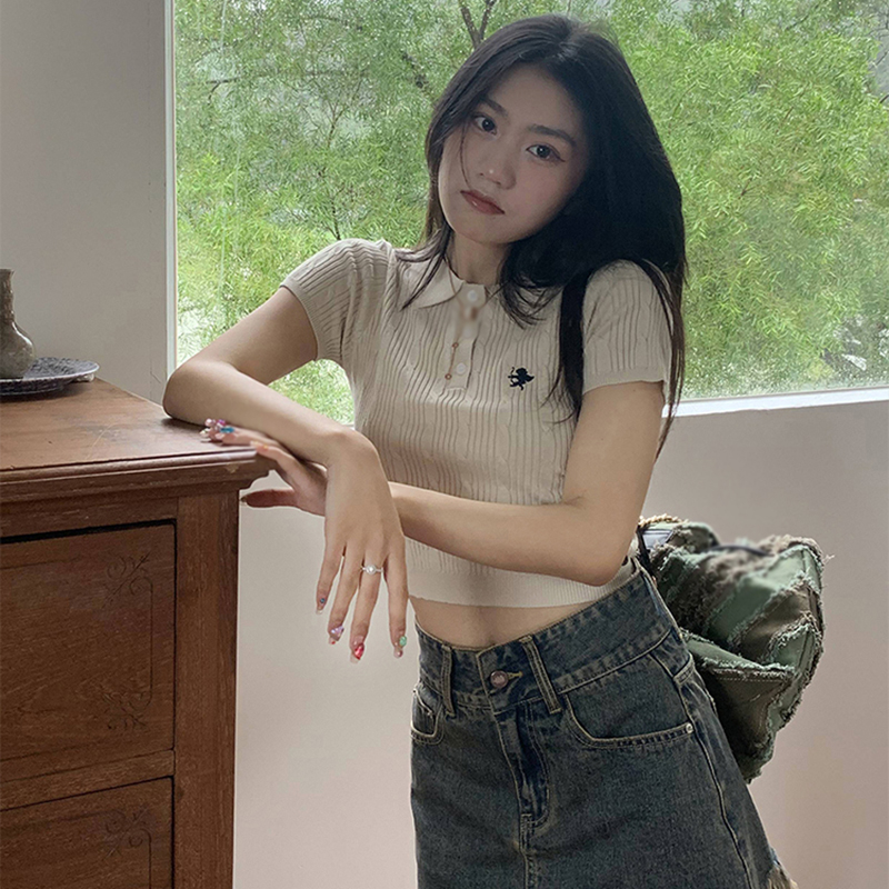 Áo Croptop Dệt Kim Tay Ngắn Thiết Kế Cổ Bẻ Thanh Lịch