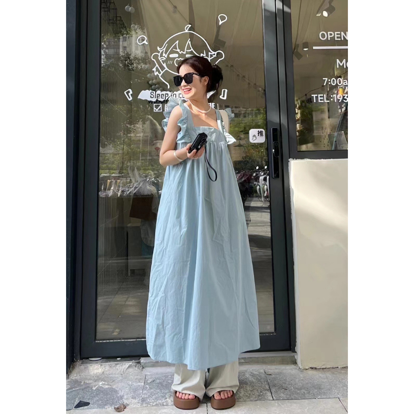 【JMWOMEN】Đầm Dài Tay Cổ Vuông Dáng Rộng Ngọt Ngào Phong Cách Hàn Quốc