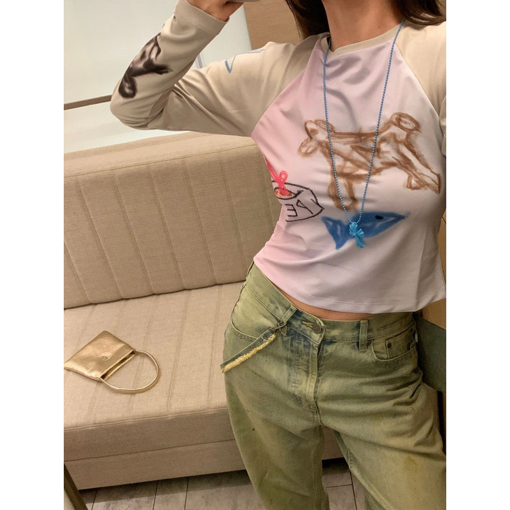 Áo Thun Crop Top Tay Dài Cổ Tròn In Họa Tiết Graffiti Phong Cách Mỹ Thời Trang Mùa Hè