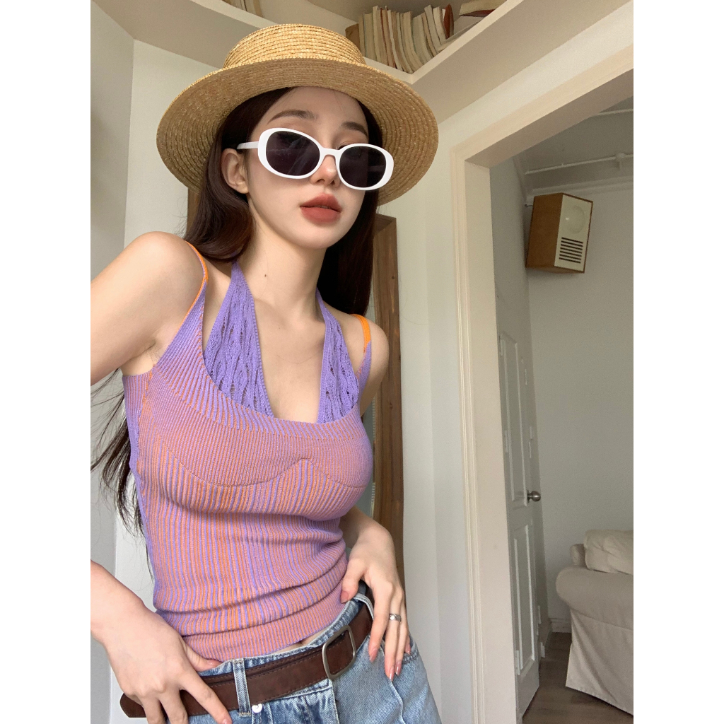 QADCOL Thiết Kế Nhân Tạo Giả. Áo Hai Dây Ghép Nối Cổ Yếm Mặc Ngoài Mùa Hè Cho Nữ Bộ Đồ Chơi Độc Đáo Và Độc Đáo