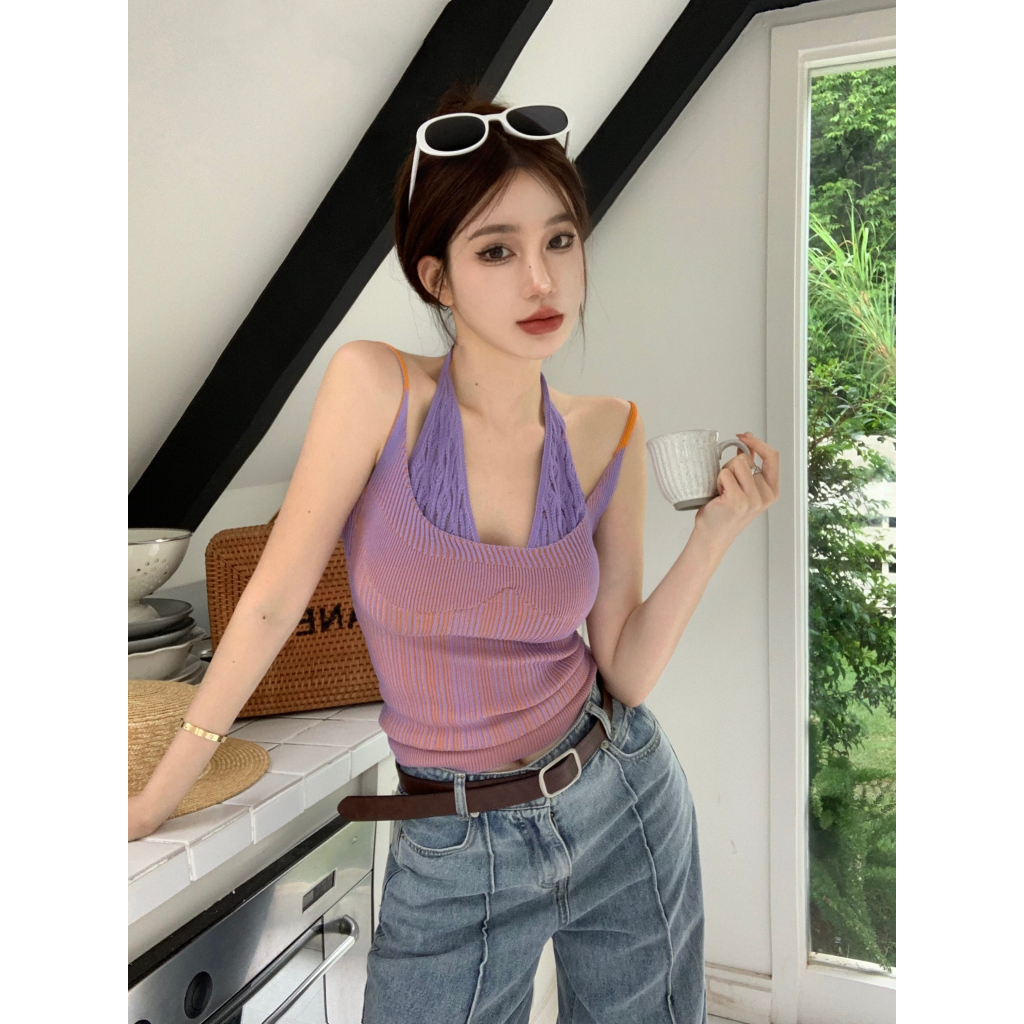 QADCOL Thiết Kế Nhân Tạo Giả. Áo Hai Dây Ghép Nối Cổ Yếm Mặc Ngoài Mùa Hè Cho Nữ Bộ Đồ Chơi Độc Đáo Và Độc Đáo