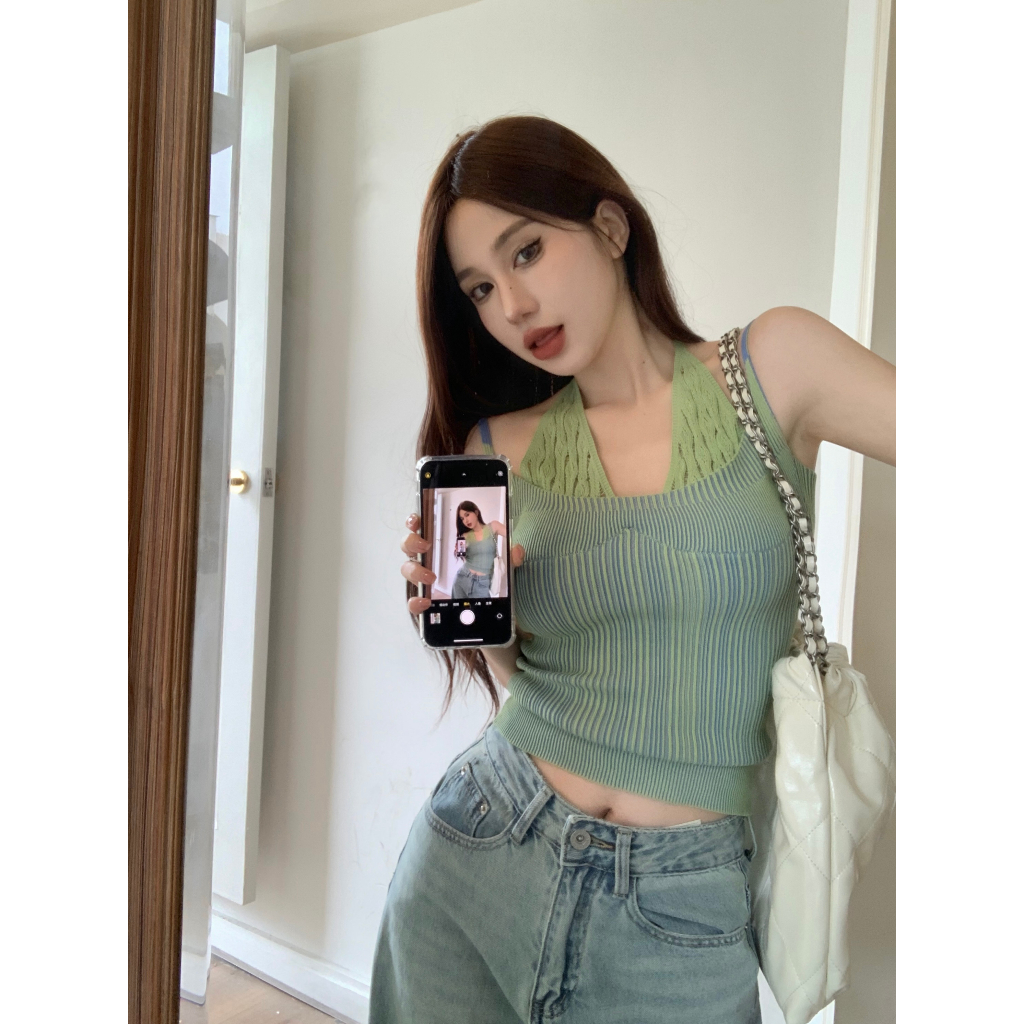 QADCOL Thiết Kế Nhân Tạo Giả. Áo Hai Dây Ghép Nối Cổ Yếm Mặc Ngoài Mùa Hè Cho Nữ Bộ Đồ Chơi Độc Đáo Và Độc Đáo