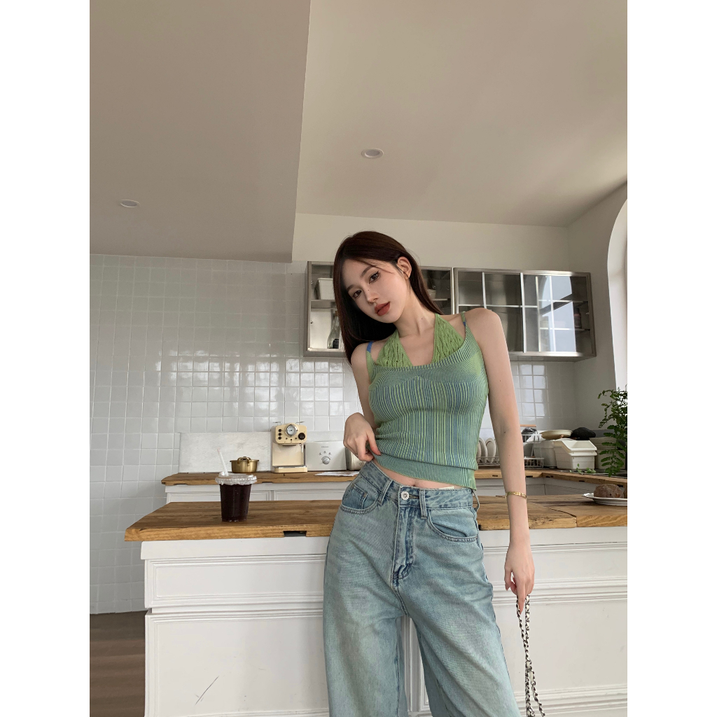 QADCOL Thiết Kế Nhân Tạo Giả. Áo Hai Dây Ghép Nối Cổ Yếm Mặc Ngoài Mùa Hè Cho Nữ Bộ Đồ Chơi Độc Đáo Và Độc Đáo