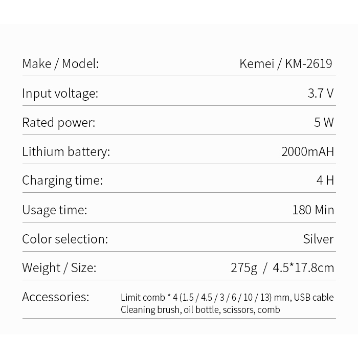 Kemei Tông Đơ Cắt Tóc km-2619 Sạc usb Không Dây Chuyên Nghiệp Cho Nam