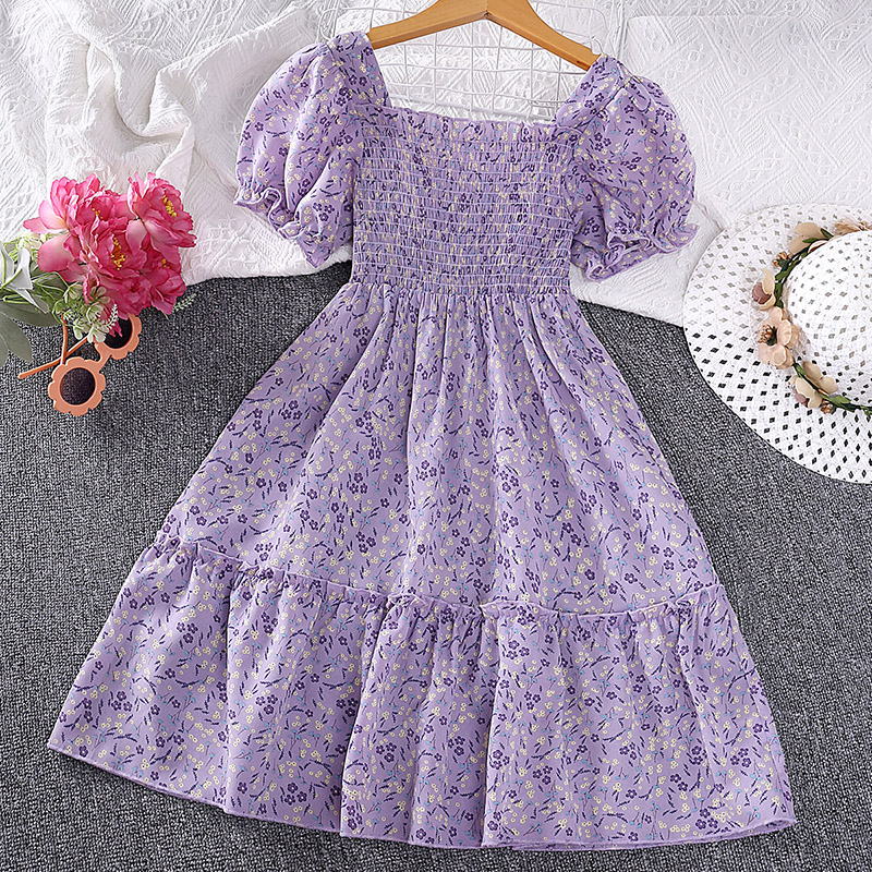 Đầm Tay Phồng In Hoa Màu Sắc Tím Thời Trang Mùa Hè Xinh Xắn Cho Bé Gái 8-9 Tuổi