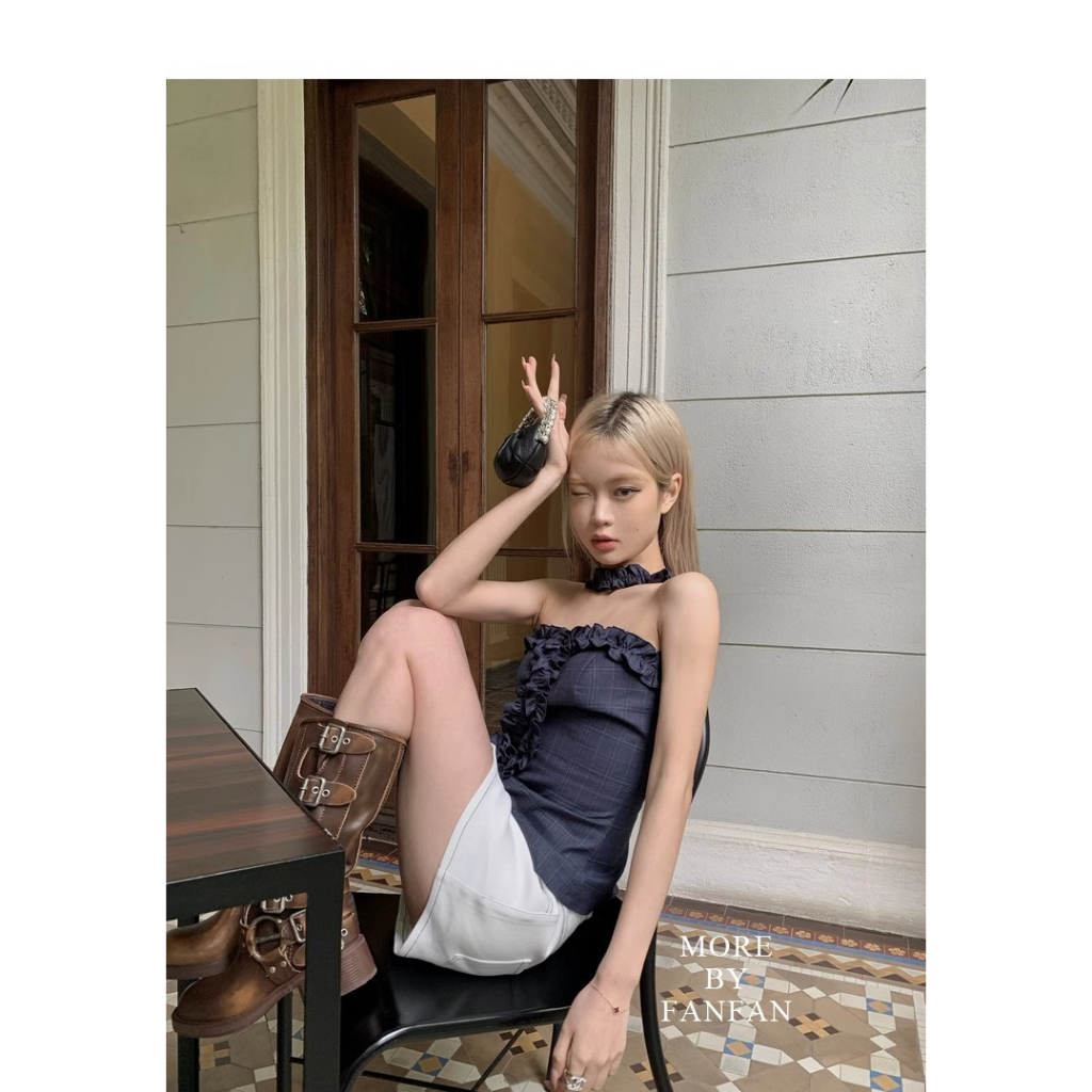 P Áo Ống Cổ Yếm Ôm Dáng Vừa Vặn Họa Tiết Kẻ Sọc Phong Cách Hàn Quốc Quyến Rũ Cho Nữ