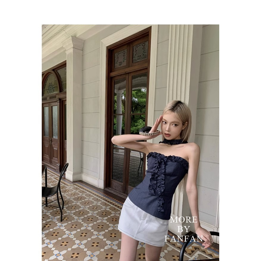 P Áo Ống Cổ Yếm Ôm Dáng Vừa Vặn Họa Tiết Kẻ Sọc Phong Cách Hàn Quốc Quyến Rũ Cho Nữ