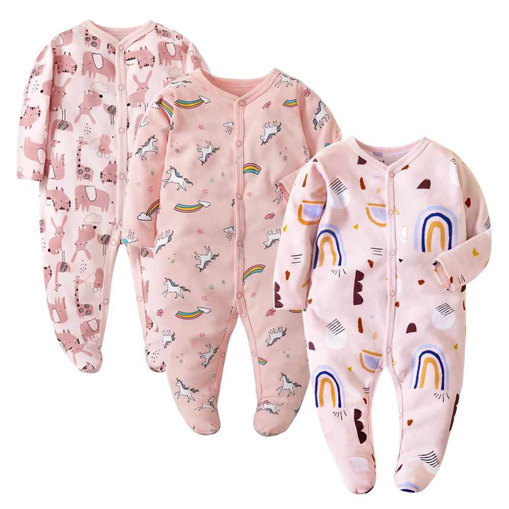 Bộ Đồ Ngủ Liền Thân cotton Tay Dài Màu Hồng Thời Trang Xuân Thu Dành Cho Bé Gái 0-12 Tháng Tuổi