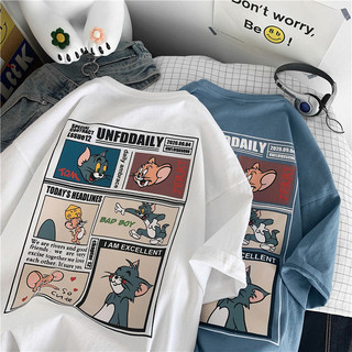 Loose Short Sleeve T-shirt with Cat and Mouse Cartoon Print Summer Fashion for Men and Women