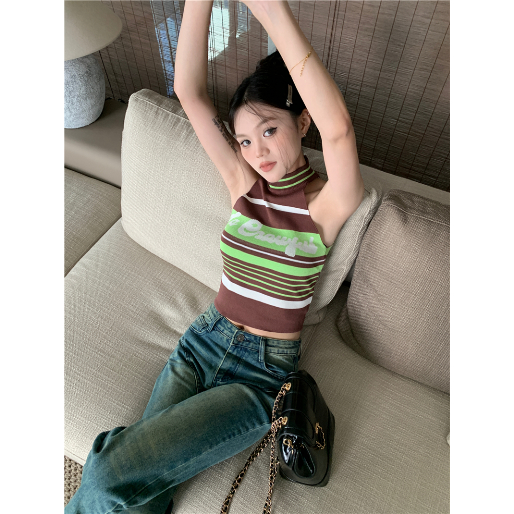 Áo Croptop Hai Dây Dáng Ôm Họa Tiết Kẻ Sọc Phong Cách Hàn Quốc Thời Trang Mùa Hè Cho Nữ