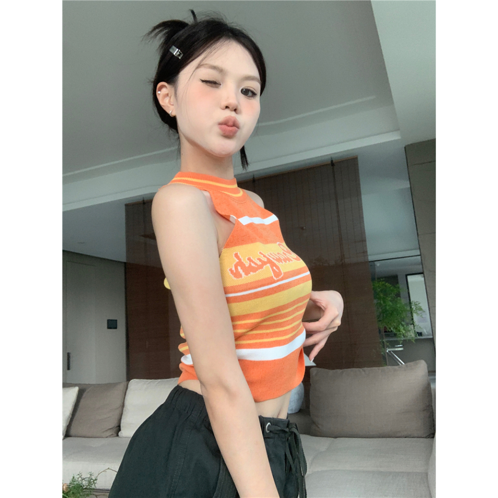 Áo Croptop Hai Dây Dáng Ôm Họa Tiết Kẻ Sọc Phong Cách Hàn Quốc Thời Trang Mùa Hè Cho Nữ